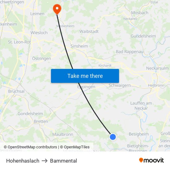 Hohenhaslach to Bammental map