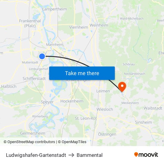 Ludwigshafen-Gartenstadt to Bammental map