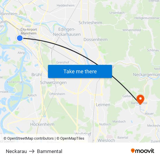 Neckarau to Bammental map