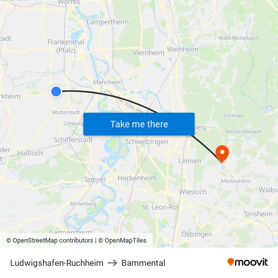 Ludwigshafen-Ruchheim to Bammental map