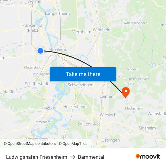 Ludwigshafen-Friesenheim to Bammental map