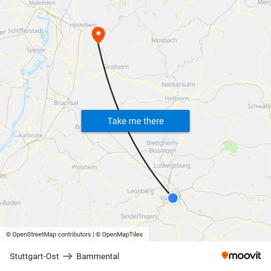 Stuttgart-Ost to Bammental map