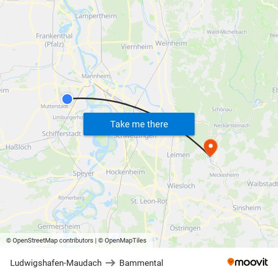 Ludwigshafen-Maudach to Bammental map