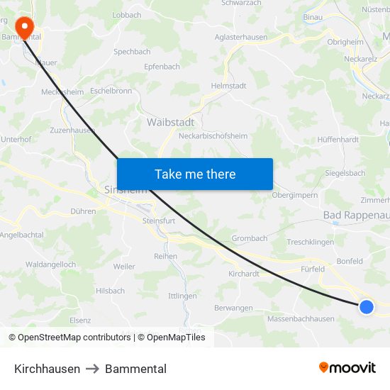 Kirchhausen to Bammental map