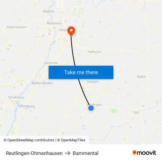 Reutlingen-Ohmenhausen to Bammental map