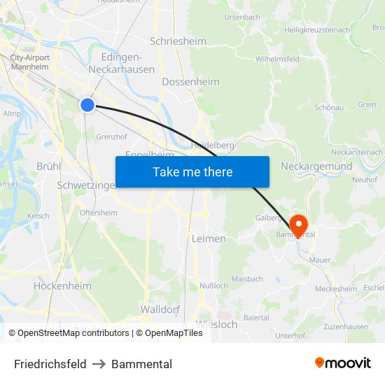 Friedrichsfeld to Bammental map