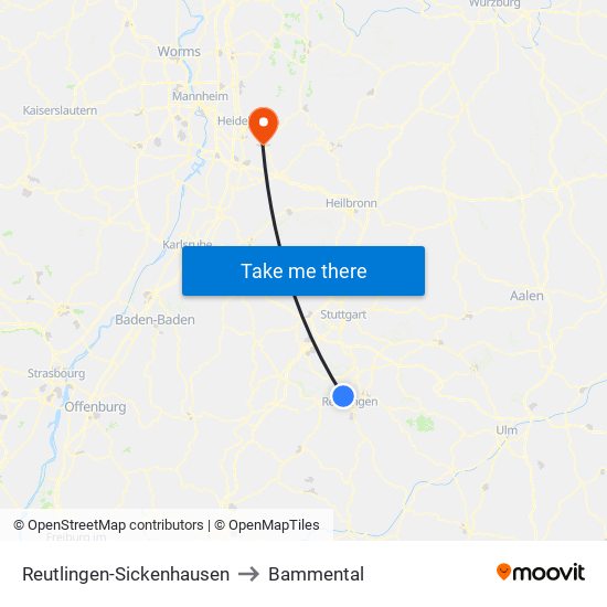 Reutlingen-Sickenhausen to Bammental map