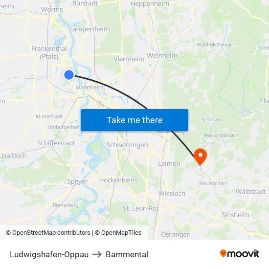 Ludwigshafen-Oppau to Bammental map