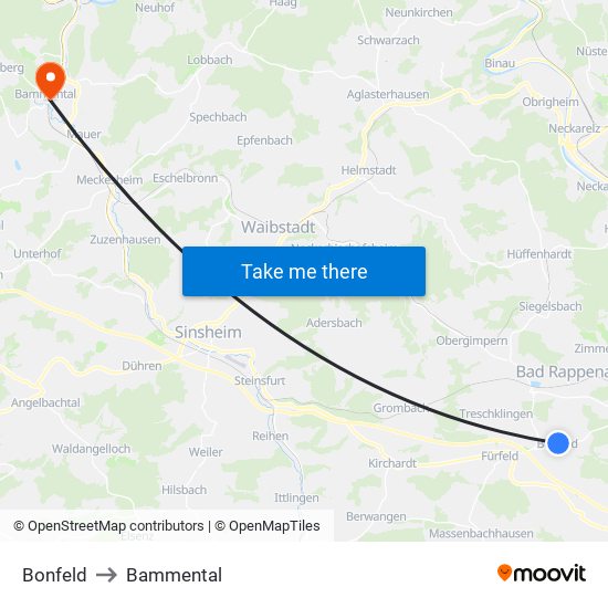 Bonfeld to Bammental map
