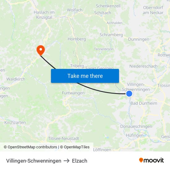 Villingen-Schwenningen to Elzach map