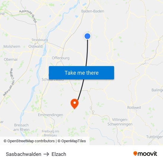 Sasbachwalden to Elzach map