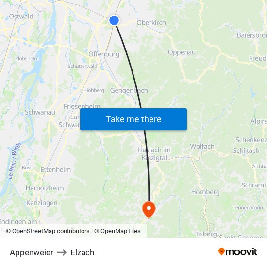 Appenweier to Elzach map