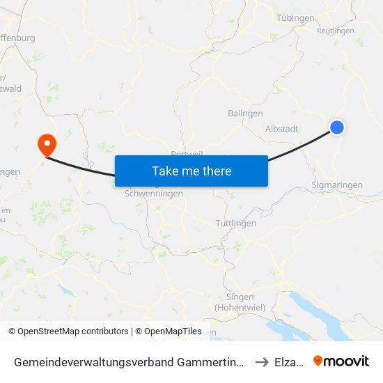 Gemeindeverwaltungsverband Gammertingen to Elzach map