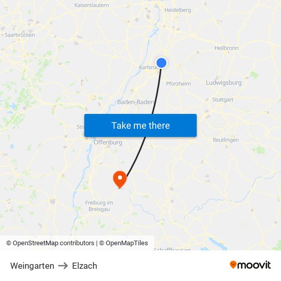 Weingarten to Elzach map