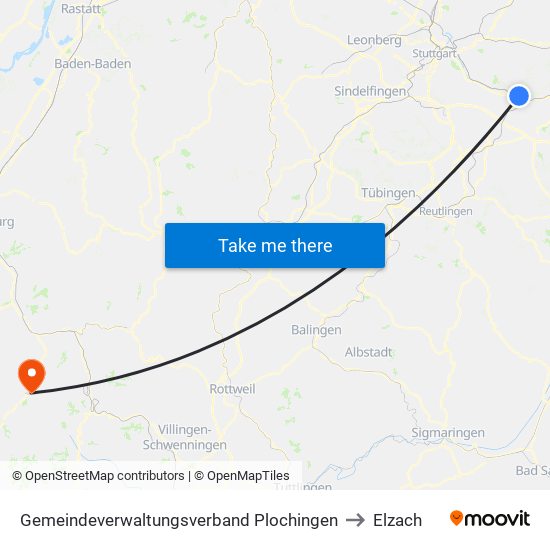 Gemeindeverwaltungsverband Plochingen to Elzach map