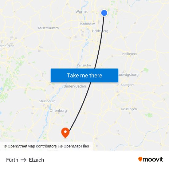 Fürth to Elzach map