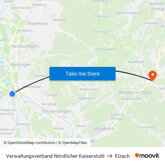 Verwaltungsverband Nördlicher Kaiserstuhl to Elzach map
