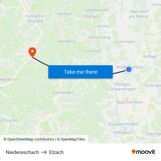 Niedereschach to Elzach map