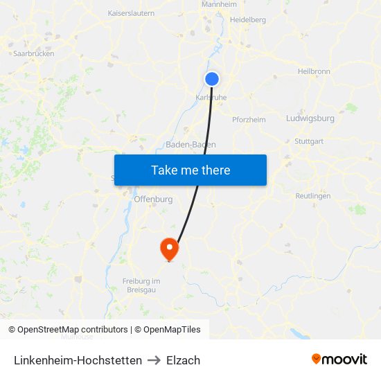 Linkenheim-Hochstetten to Elzach map