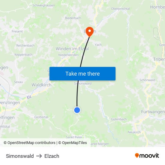 Simonswald to Elzach map