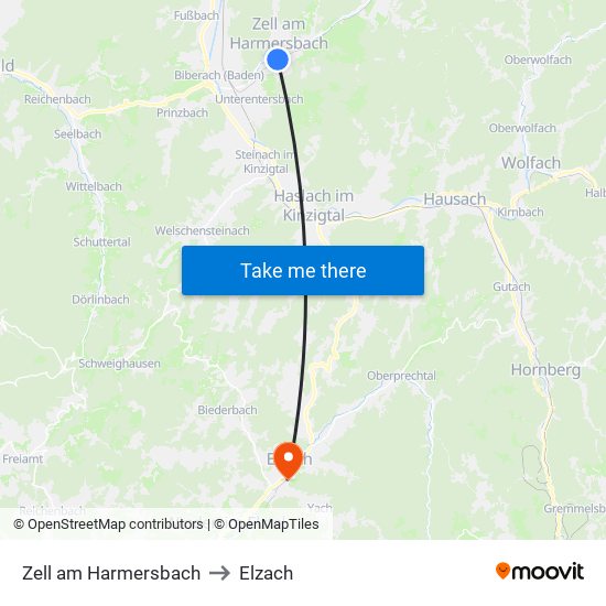 Zell am Harmersbach to Elzach map