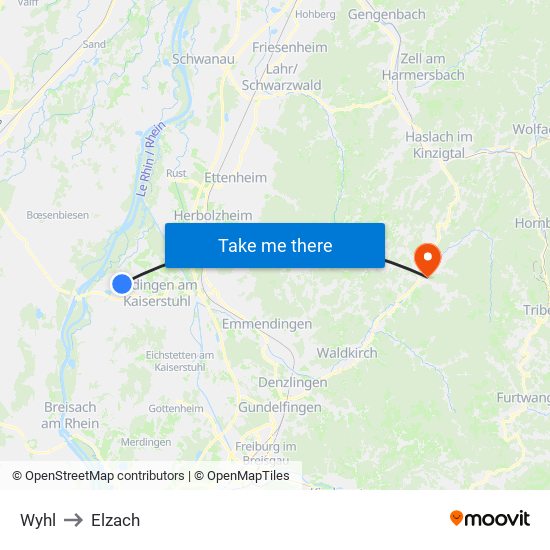 Wyhl to Elzach map