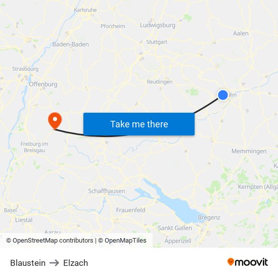 Blaustein to Elzach map
