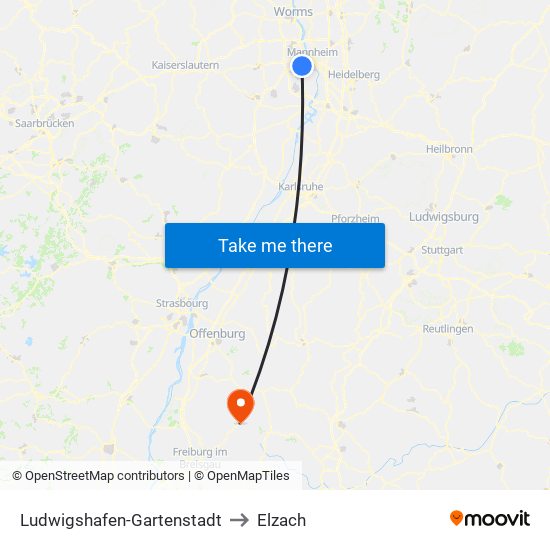 Ludwigshafen-Gartenstadt to Elzach map