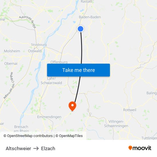 Altschweier to Elzach map