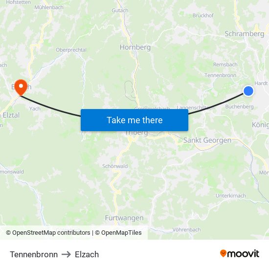 Tennenbronn to Elzach map