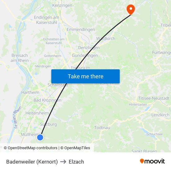 Badenweiler (Kernort) to Elzach map