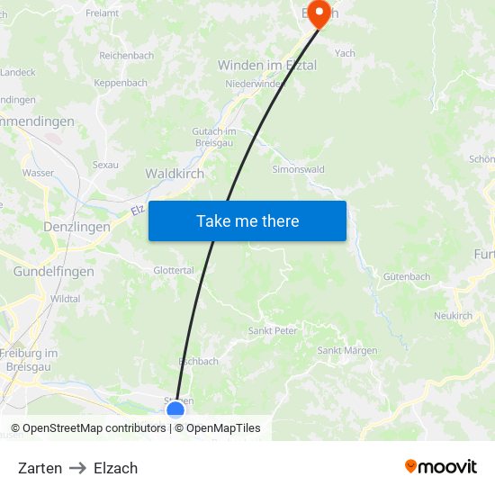 Zarten to Elzach map