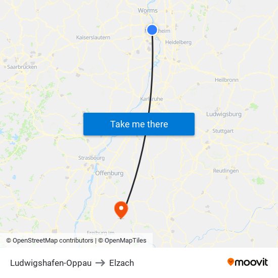 Ludwigshafen-Oppau to Elzach map