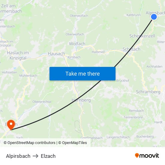 Alpirsbach to Elzach map