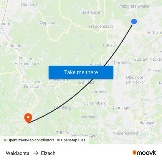 Waldachtal to Elzach map