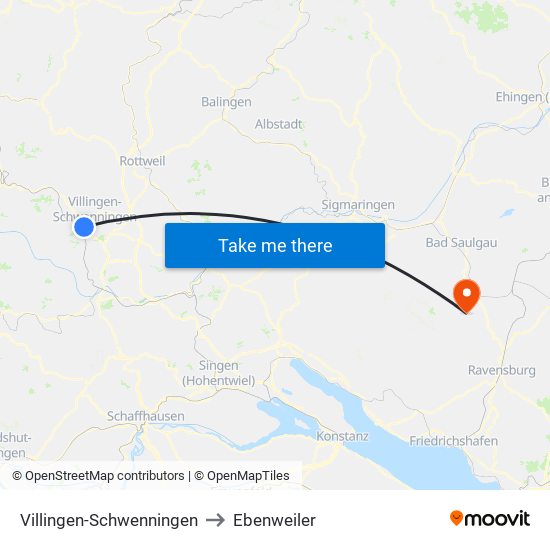 Villingen-Schwenningen to Ebenweiler map