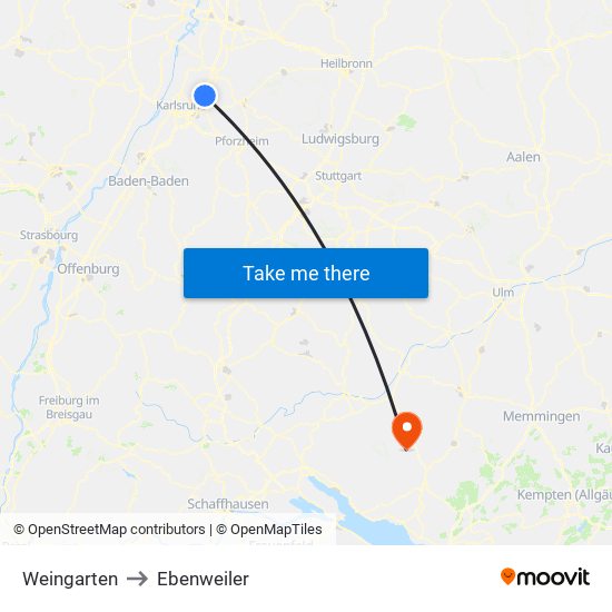 Weingarten to Ebenweiler map