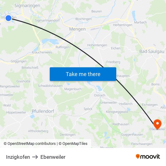Inzigkofen to Ebenweiler map