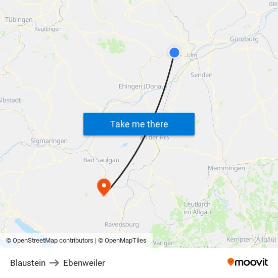 Blaustein to Ebenweiler map