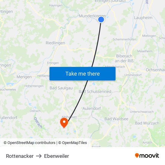 Rottenacker to Ebenweiler map