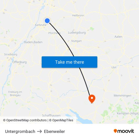 Untergrombach to Ebenweiler map