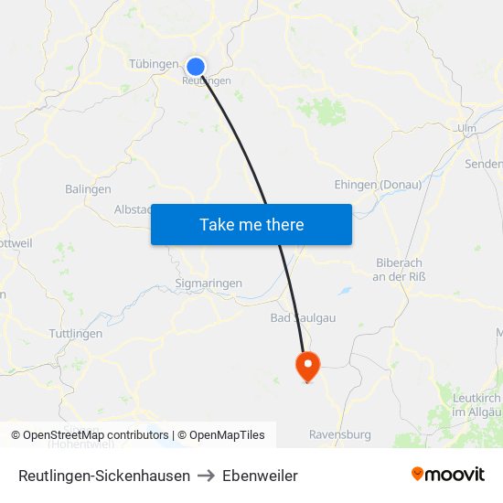 Reutlingen-Sickenhausen to Ebenweiler map