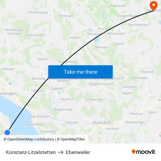 Konstanz-Litzelstetten to Ebenweiler map