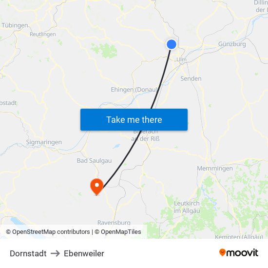 Dornstadt to Ebenweiler map