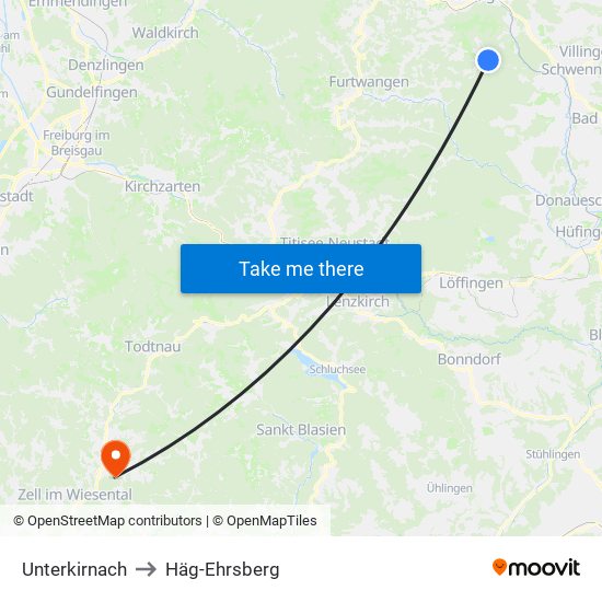 Unterkirnach to Häg-Ehrsberg map