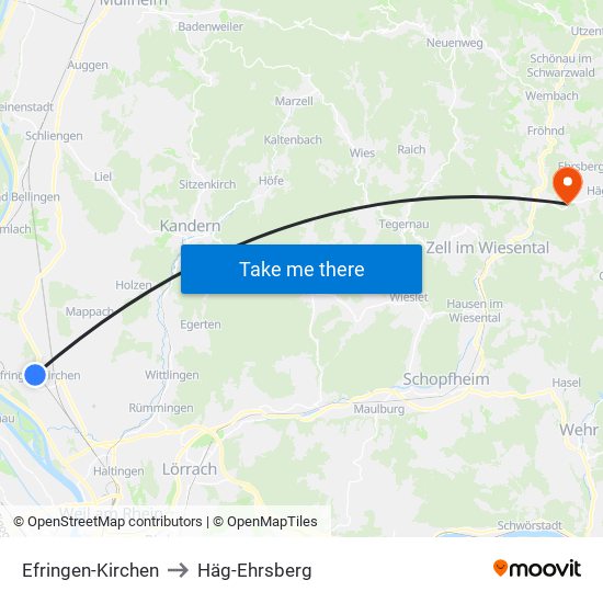 Efringen-Kirchen to Häg-Ehrsberg map