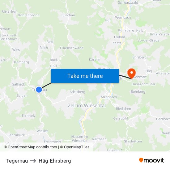 Tegernau to Häg-Ehrsberg map