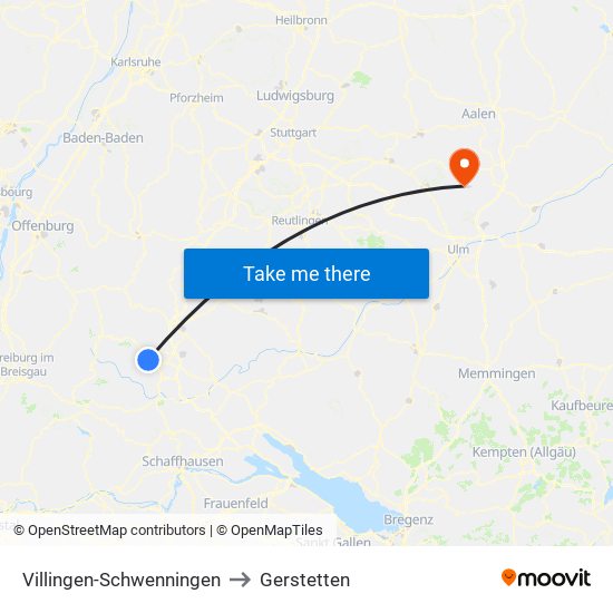 Villingen-Schwenningen to Gerstetten map