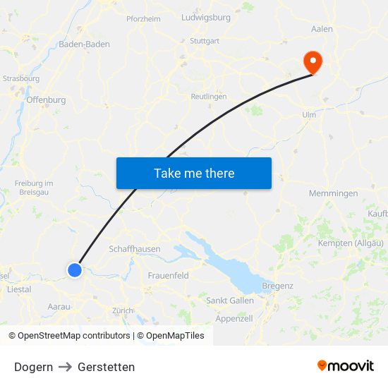 Dogern to Gerstetten map
