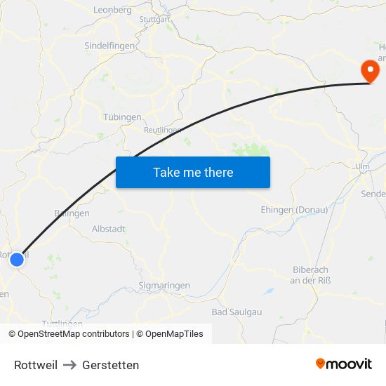 Rottweil to Gerstetten map